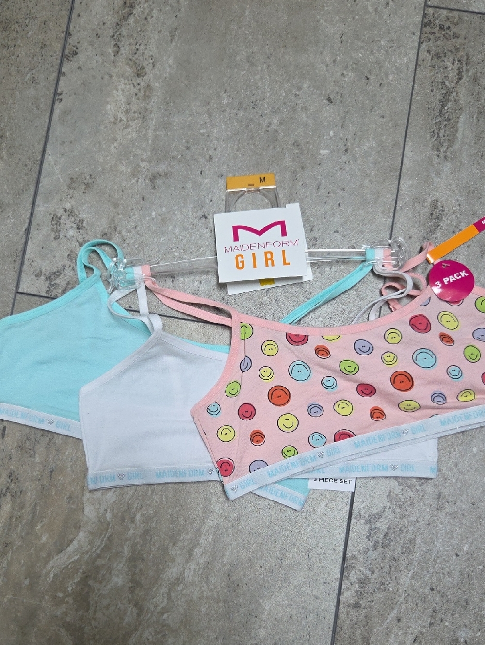 Maidenform Girl Pink Smiley, Light Blue & White Training Bras 3-Pack